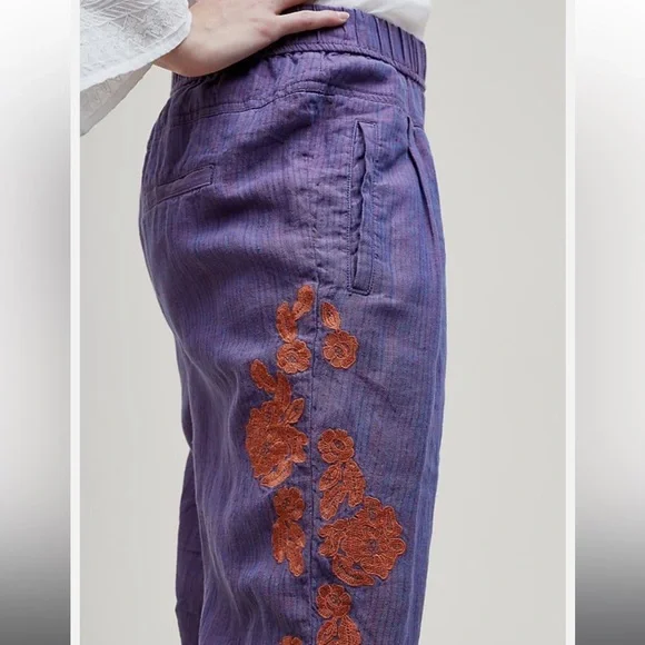 Anthropologie Purple Cropped Embroidered Linen Pants - Picture 4 of 10